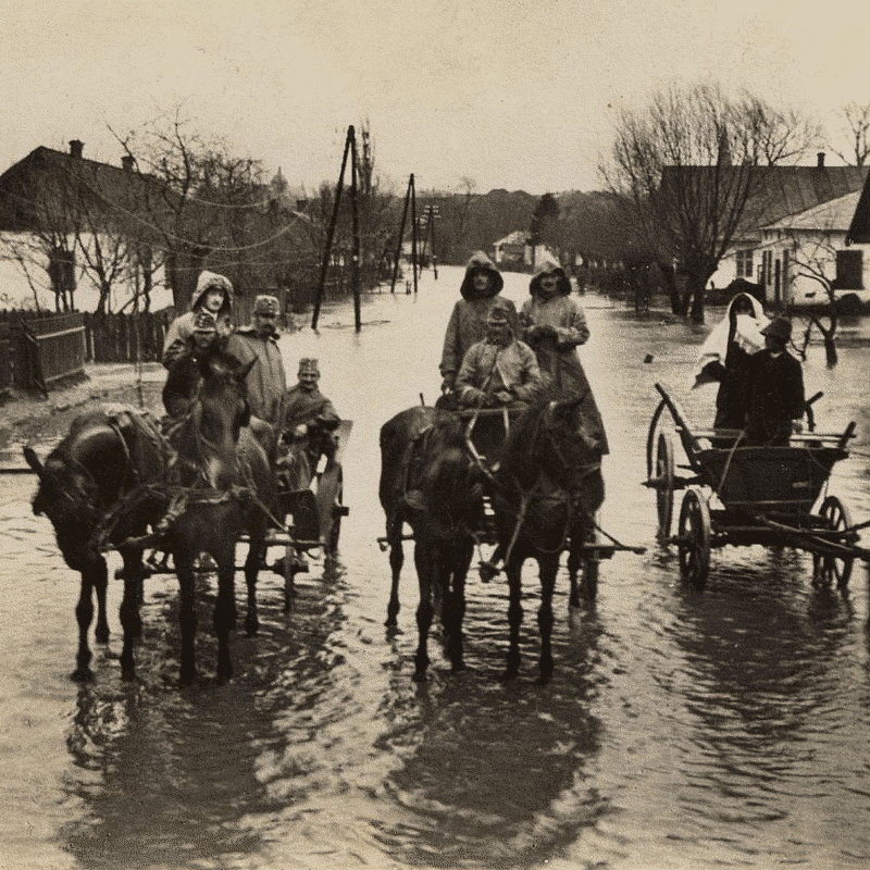 Osztrák-magyar katonatisztek egy árvíz által elöntött faluban az első világháború keleti frontján, 1915. május, Jelfy Gyula felvétele, 9×18 cm-es sztereo papír fényképből digitálisan szerkesztett animált-gif változat. Magyar Nemzeti Múzeum gyűjteménye