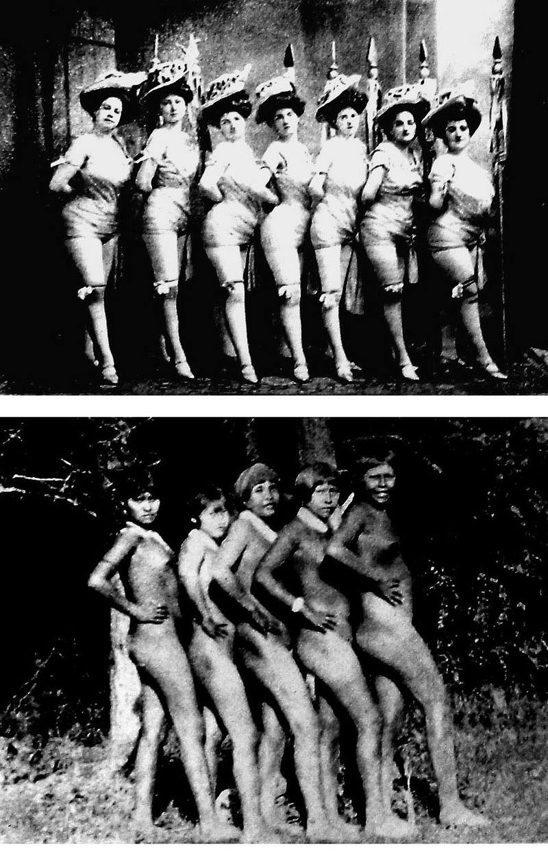 Ludwig Guttmann: Varieté-lányok Bécsben, 1910; Ismeretlen szerző: Lányok a bolíviai őserdőben [Der Querschnitt], 1932/11. 784. oldal utáni első műmelléklet