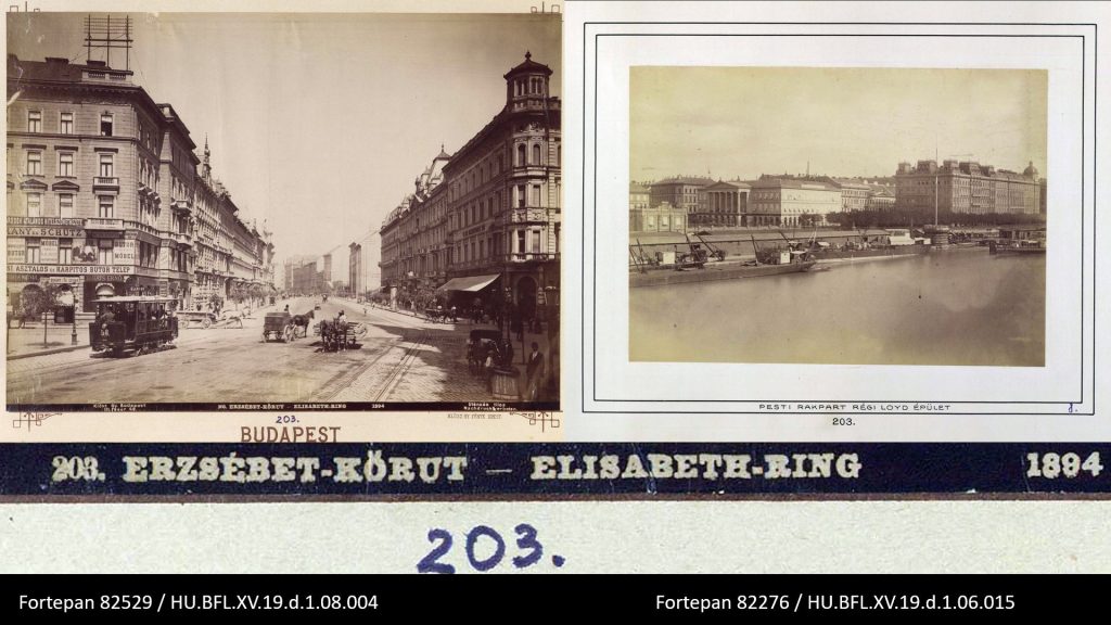 13. Két darab 203-as számú kép két sorozatból, kétféle (1893 utáni és 1885 körüli) kartontípuson. Az első részlete a 06. sz. kép bal oldalán, a másodikon felfedezhető az Eötvös-szobor részlete – vö. még 14. és 15. kép.